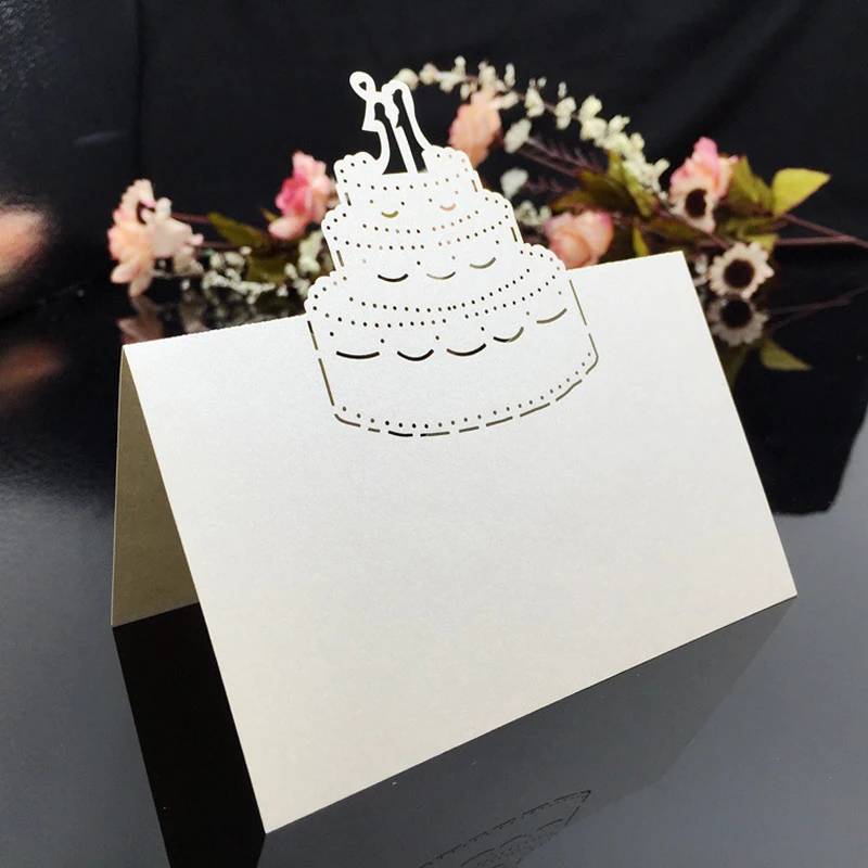50pcs Cake Laser Cut Hollow Table Name Place Cards Favor Message Setting Card Baby Shower Wedding Birthday Party Supplies