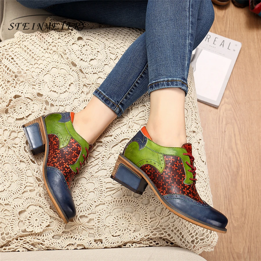 

Women oxford pumps shoes vintage leather ladies lace up Spring oxford heels shoes for women summer green shoes woman 2019