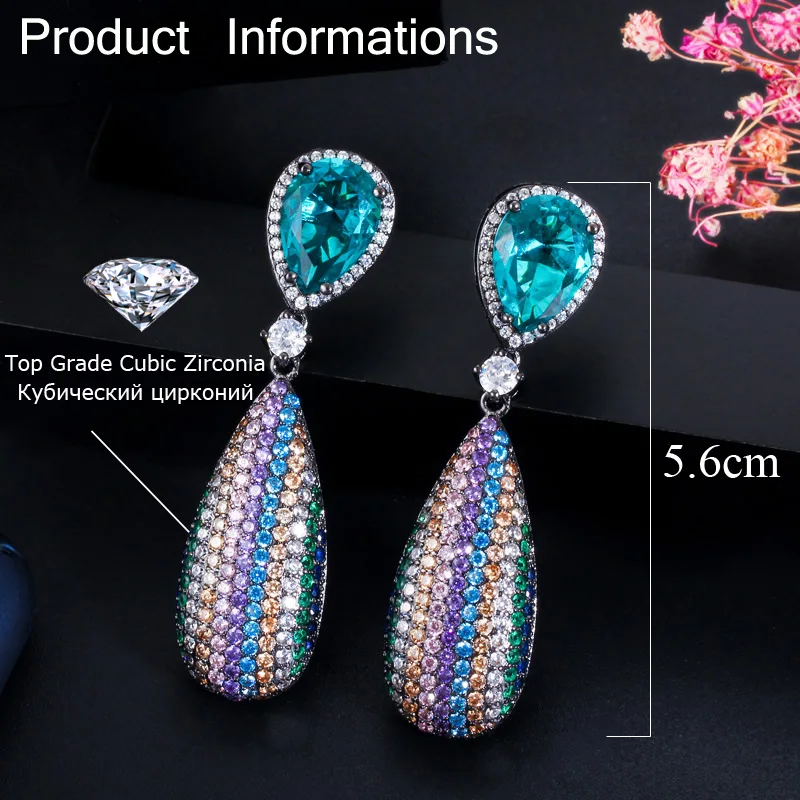 CWWZircons Micro Pave кубический цирконий камень длинные висячие капли радуга цвет обручение серьги на свадебную вечеринку для женщин CZ567