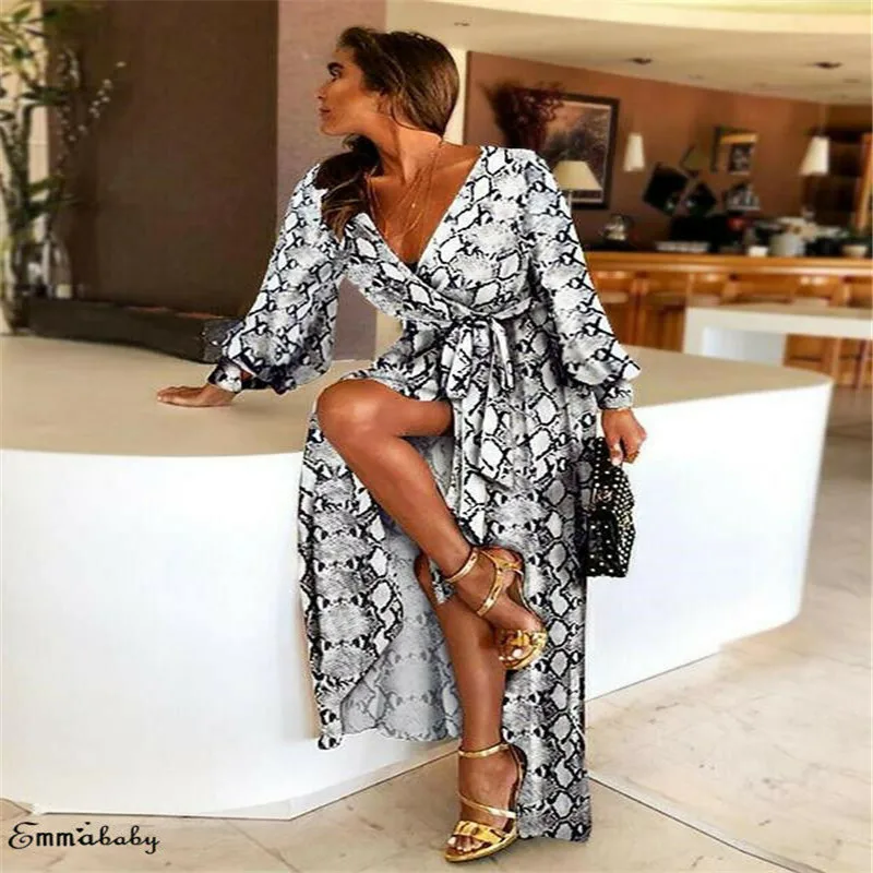 

Trendy Women dress Geometry V-neck long sleeve loose casual Summer Beach Polyester Dresses one pieces