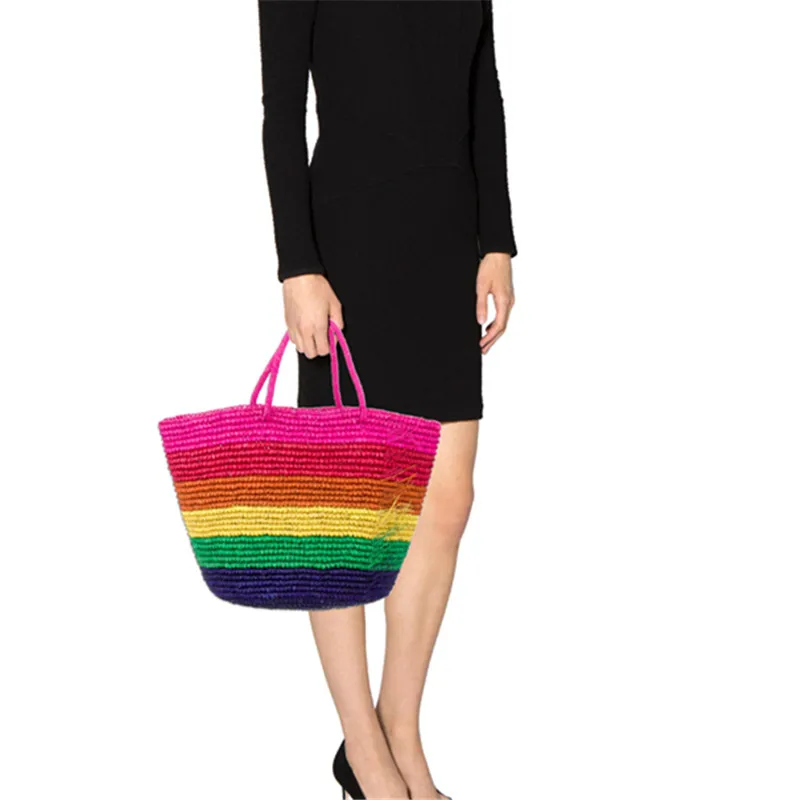 

2018 Ladies Fade Color Woven Leather Handbag Gradient Large Handle Bag Cross Stitch Knitting Woman Casual Tote Straw Bag