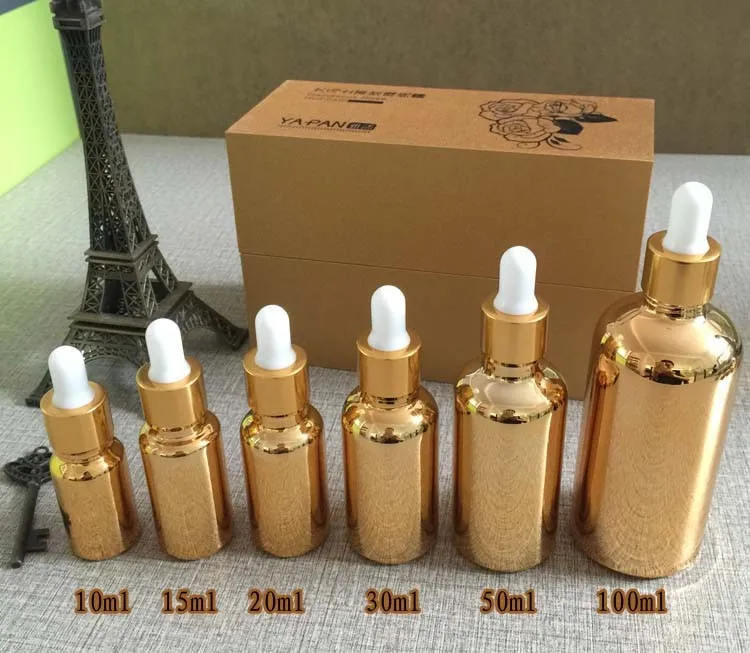 Banhado a Ouro Garrafa de Vidro de Óleo Conta-gotas de Vidro por Atacado Peças Alta Temperatura Essencial Óleo Vazio Frasco 50 30 ml 4 50 peças 30 ml Alta temperatura banhado