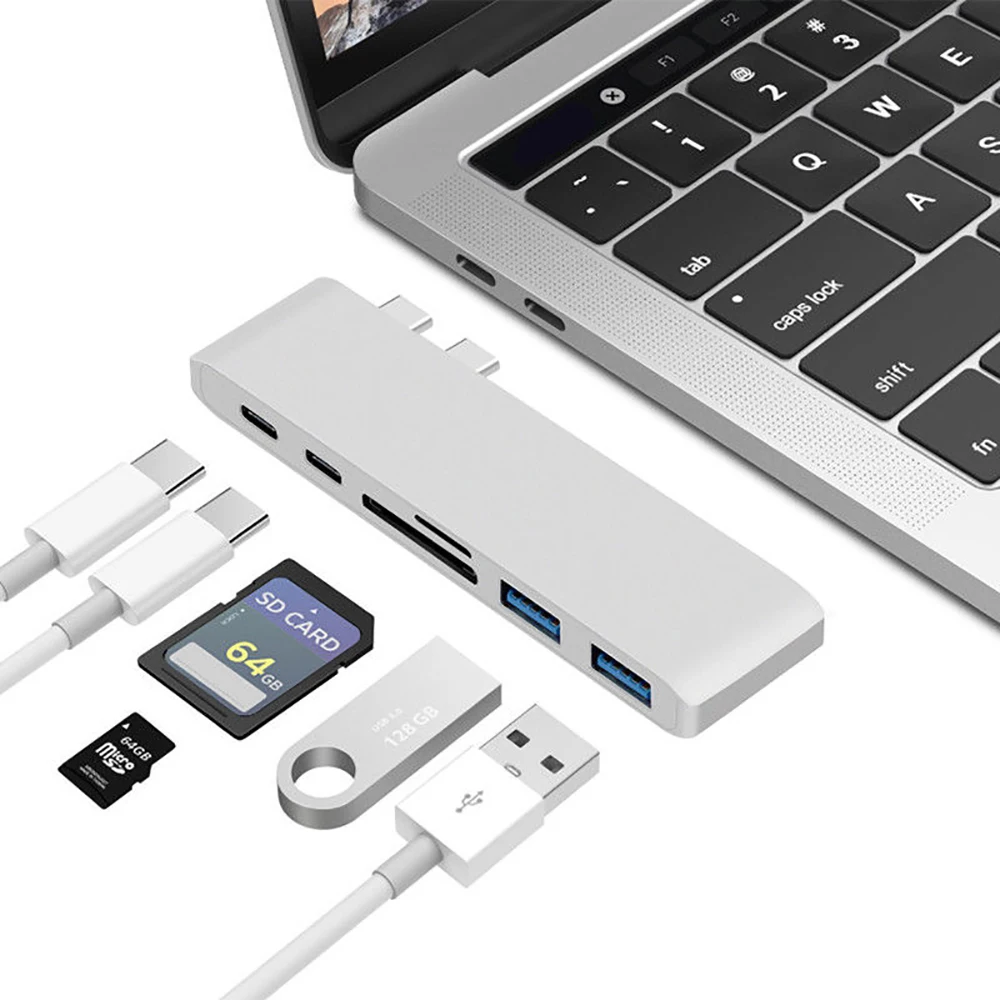 

Dual Type C HUB HDMI Adapter Multi-functional 6 in 1 For Macbook Pro Mac Charging Card Reader USB C Hub 3.0 Type-C 4K Converter