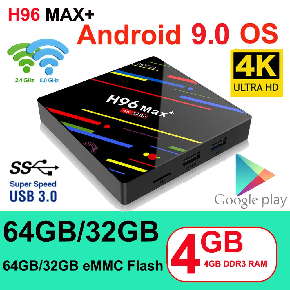 H96 ماكس زائد مربع التلفزيون الذكية الروبوت 9.0 TVBox 4 GB Ram 32 GB/64 GB Rom Rockchip RK3328 4 K h.265 USB3.0 2.4 Ghz WiFi IP التلفزيون تعيين كبار مربع
