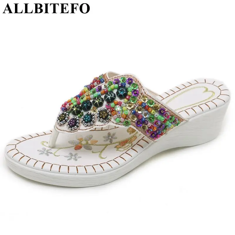 

ALLBITEFO brand wedding shoes woman Summer fashion medium heel open toe slipper string bead hoof heels beautiful flip flops