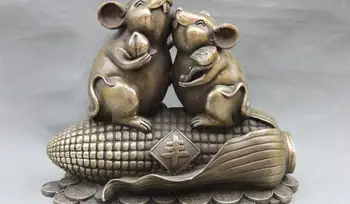 

10 Chinese Folk Bronze Copper Fengshui RuYi Lucky Wealth Coin Two Mouse Statue