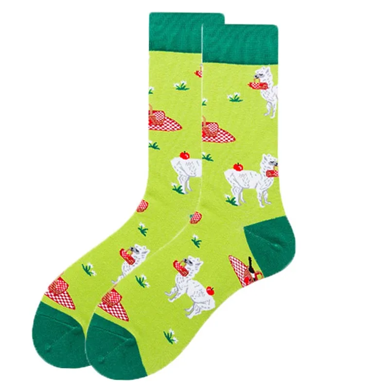 

llama gift cute green llama socks fun lama and apples on the grass novelty cotton crew socks women unisex 15 pairs/lot EU 38-44