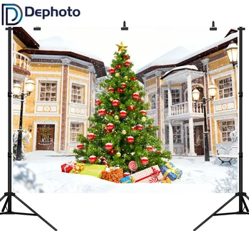 

Dephoto Photography Background Winter christmas village houses Snowflakes Christmas Tree Children Backdrops for Photo Studio