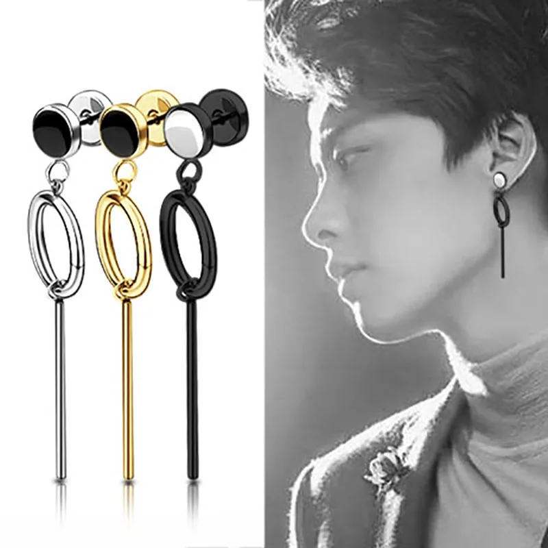 2PCS Men's Fashion Earrings 4.8cm Long Hoop Earrings Titanium Steel Silver Gold Black Anti-allergic Brincos Pendientes Jewelry00
