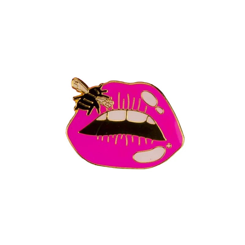

Hot Pink Bee on Lips Pin Hard Enamel Flair Cloisonne Lapel