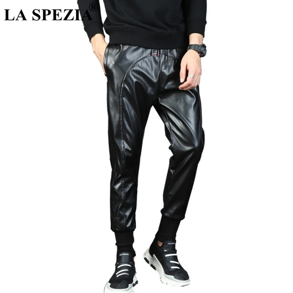 

LA SPEZIA Leather Pants Men Black Plain Trousers Male Solid Motorcycle Drawstring Slim Hip Hop Spring Autumn Pencil Pants 3xl