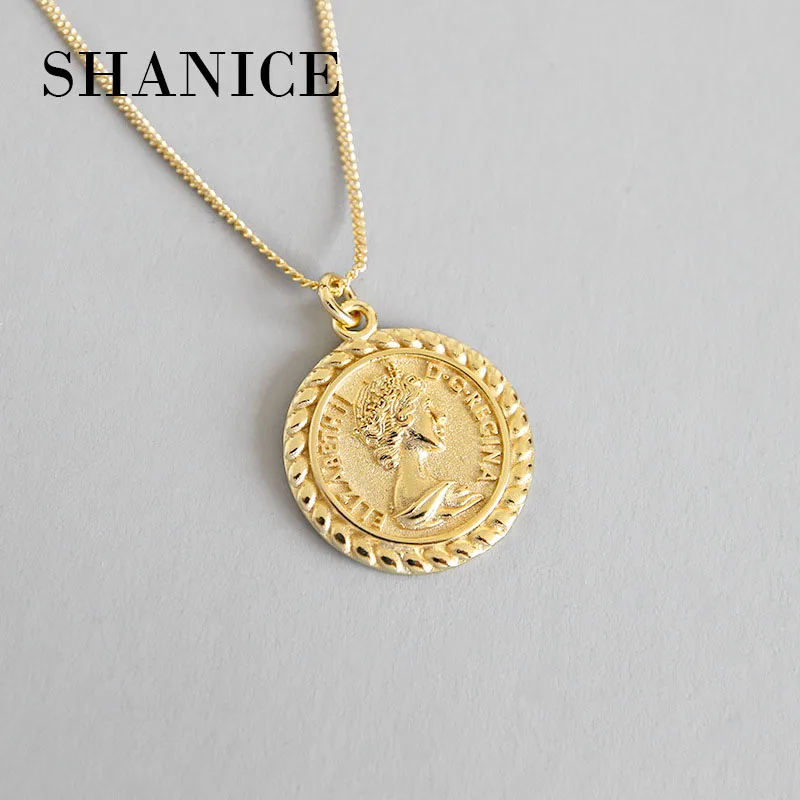 

SHANICE 100% 925 Sterling Silver Gold Elizabeth Portrait Coin Pendant Short Necklace for Women/Girls Lady Jewelry Colar Chain