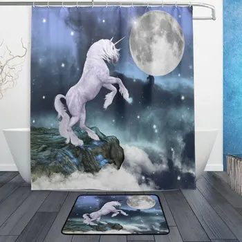 

White Unicorn Full Moon Night Waterproof Polyester Fabric Shower Curtain with Hooks Doormat Bath Floor Mat Bathroom Home Decor