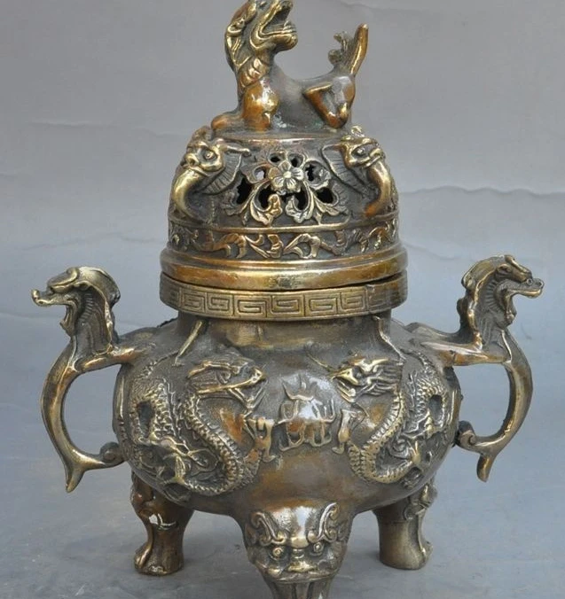 

7" old china bronze dragon foo dog lion pixiu beast statue incense burner Censer