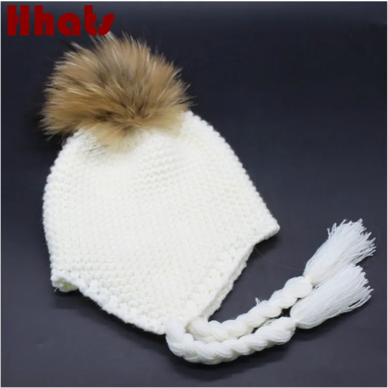 

Which in shower Kids pigtail warm knitted bomber hats real reaccoon fur pompom earflap winter beanie cap for children boy girl