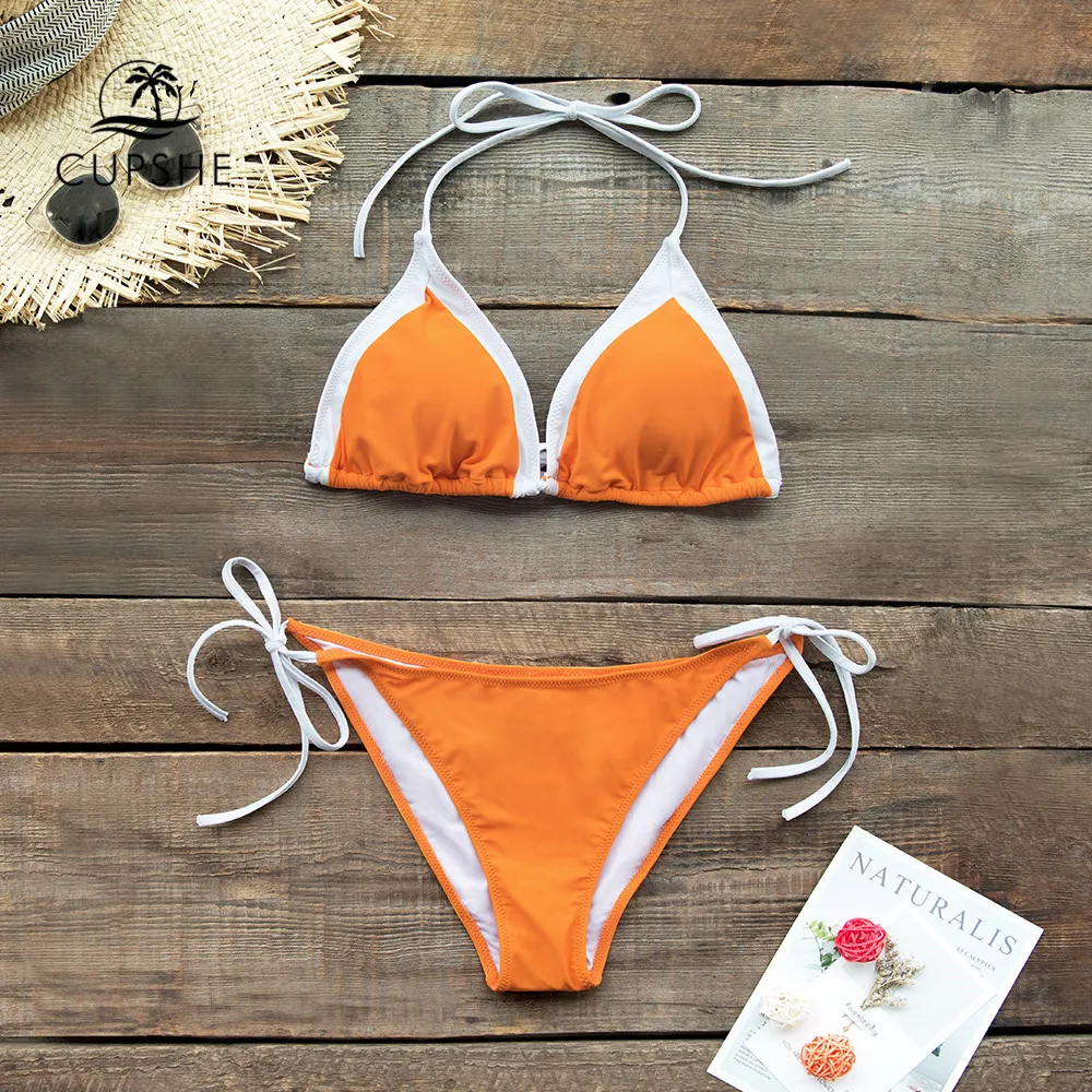 

CUPSHE Citrus Orange String Bikini Set Sexy Lace Up Retro Halter Swimsuit Two Pieces Swimwear Women 2019 Beach Bathing Suits