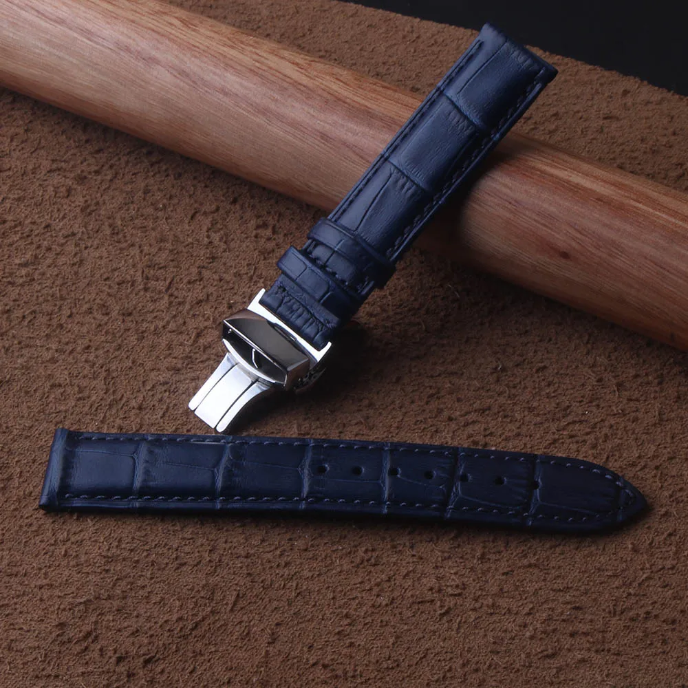 High quality Leather Genuine Watchbands straps dark blue silver butterfly buckles clasp 14mm 15mm 16mm 17mm 18mm 19mm 20mm 22mm