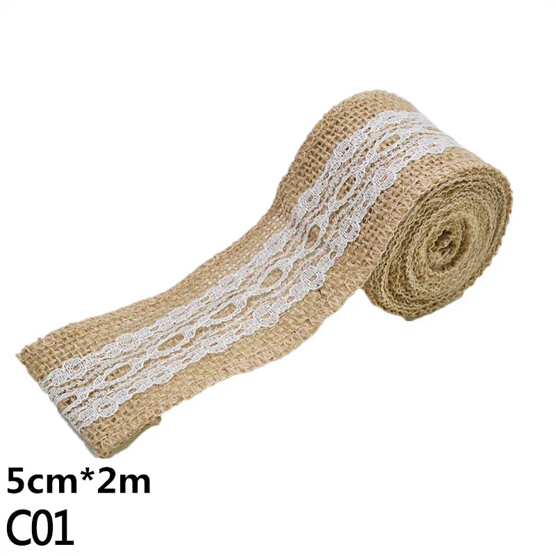 2M 5cm Burlap Rolls Hessian Jute Lace Ribbons Vintage Rustic Wedding Ornaments DIY Craft Supplies Birthday Gift Box Package Rope - Цвет: C01