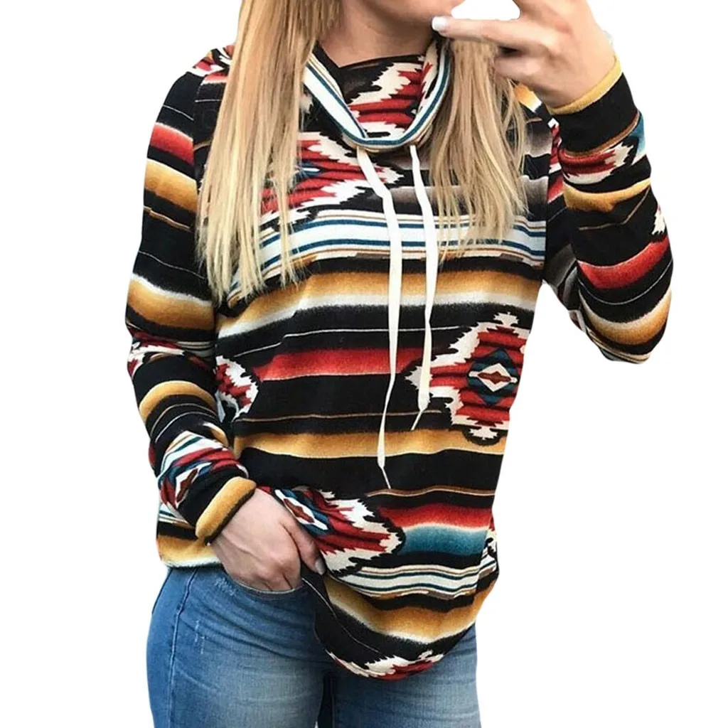 

blusas mujer de moda 2018 Fashion Women Piled Collar Geometric Print Bandage Long Sleeve Top Sweatshirt camisa feminina