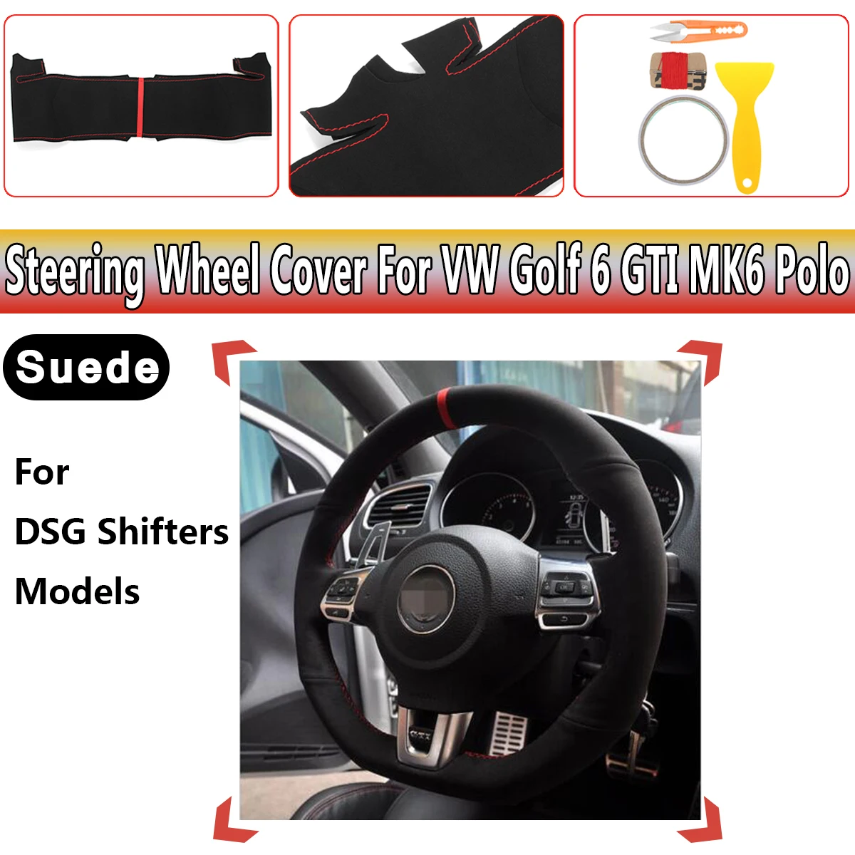 

Black Suede Steering Wheel Cover Hand-stitch On Wrap Cover For Volkswagen For VW Golf 6 GTI MK6 For Polo Accessories Kit