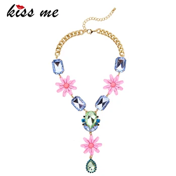 

KISS ME Brand Elegant Resin Pink Flowers Necklaces & Pendants 2017 New Maxi Necklace Women Bijoux