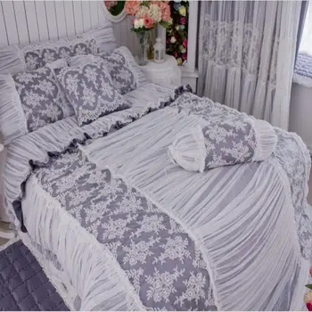 

New noble grey bedding set luxury European embroidery ruffle duvet cover double layer lace bed skirt princess bed sheet beddings