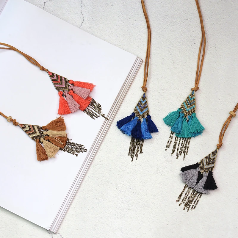 

DOUVEI Bohemia Boho Alloy Chain Tassel&Fringe Colorful Rhombus Shape Necklaces For Women Beach Summer Holiday Pendant Necklaces