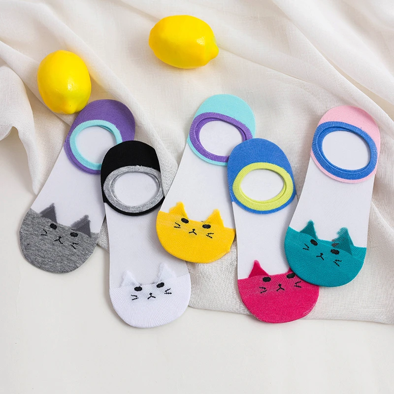 

Spring and summer Women New cartoon cute cat Cat Pattern Crystal Silk Socks Ultrathin Transparent Low Cut Socks 10pcs=5pairs
