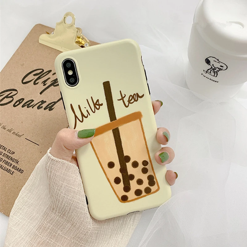 

BONVAN For iPhone X XR XS Max Case soft simple Milk tea drink Protection Back Funda For iPhone 6 6s 7 8 Plus Phone Cover Coque