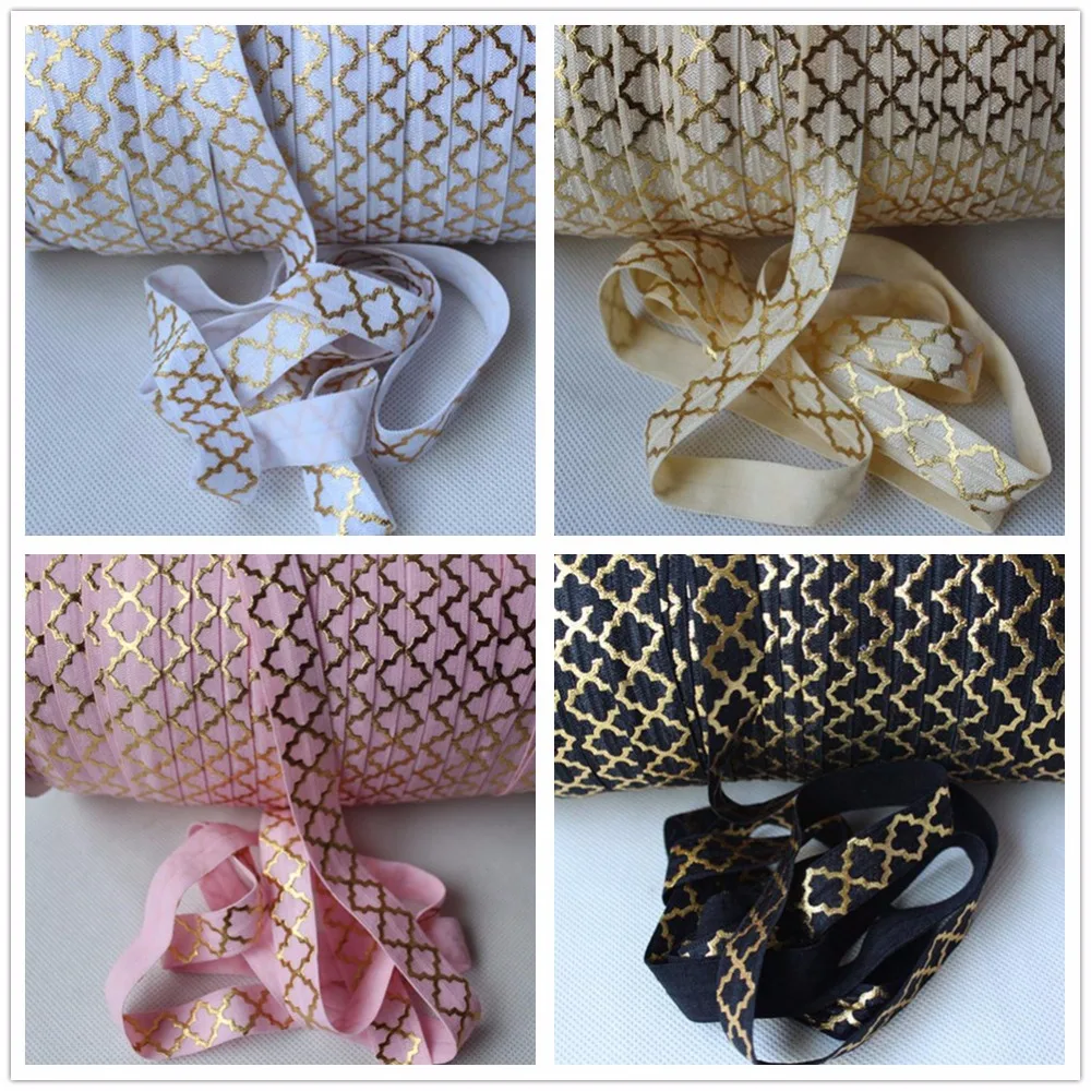 

11 colors Gold Foil Big Quatrefoil Printed Fold Over Elastic 50 yards per lot Manufacturer Supply Custom Print FOE Ribbon