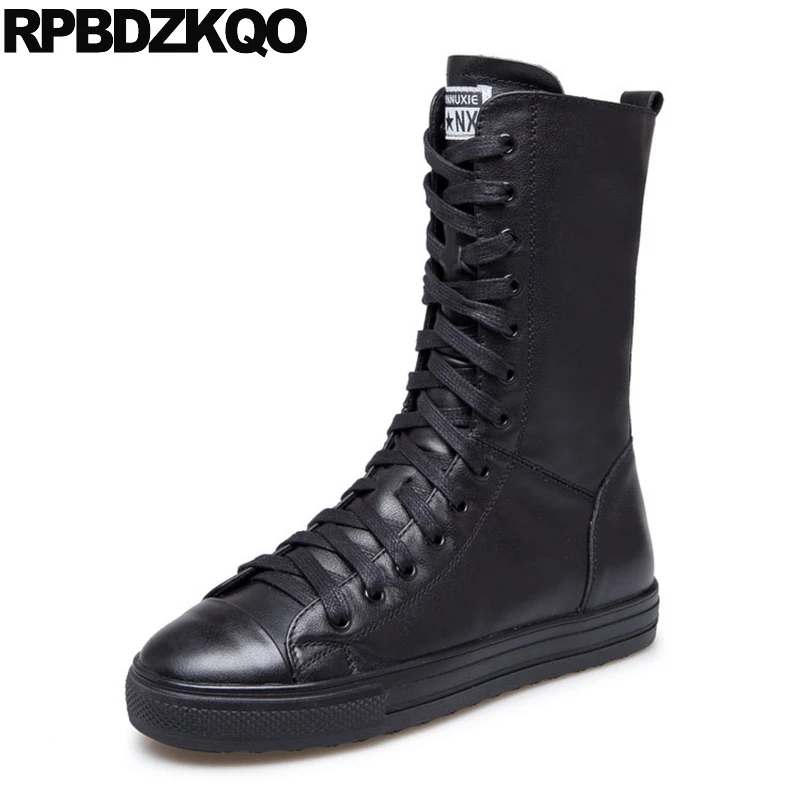 Round Toe Mid Calf Flat Brand Women Winter Boots Genuine
