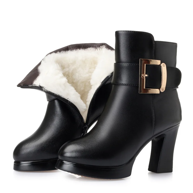 

New Fashion Warm Plush / Wool Boots Winter Shoes Woman High Heeled Boots 2018 Winter Boots Full Real Eather Shoes Snow Boots