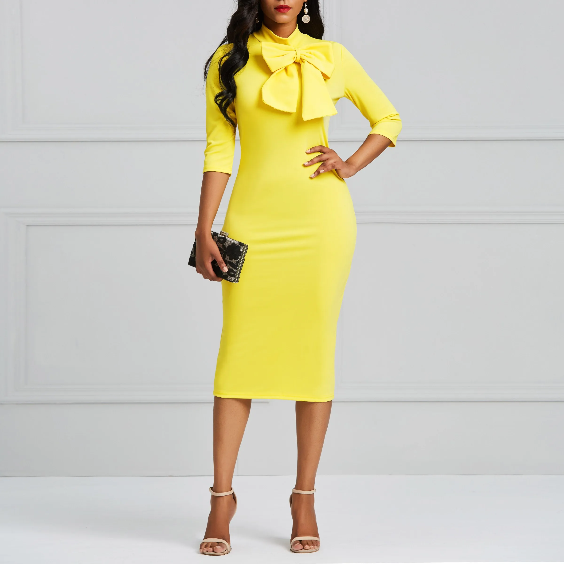 Ladylike Pure Bright Yellow Bowtie Midi Dress Female Half Sleeve