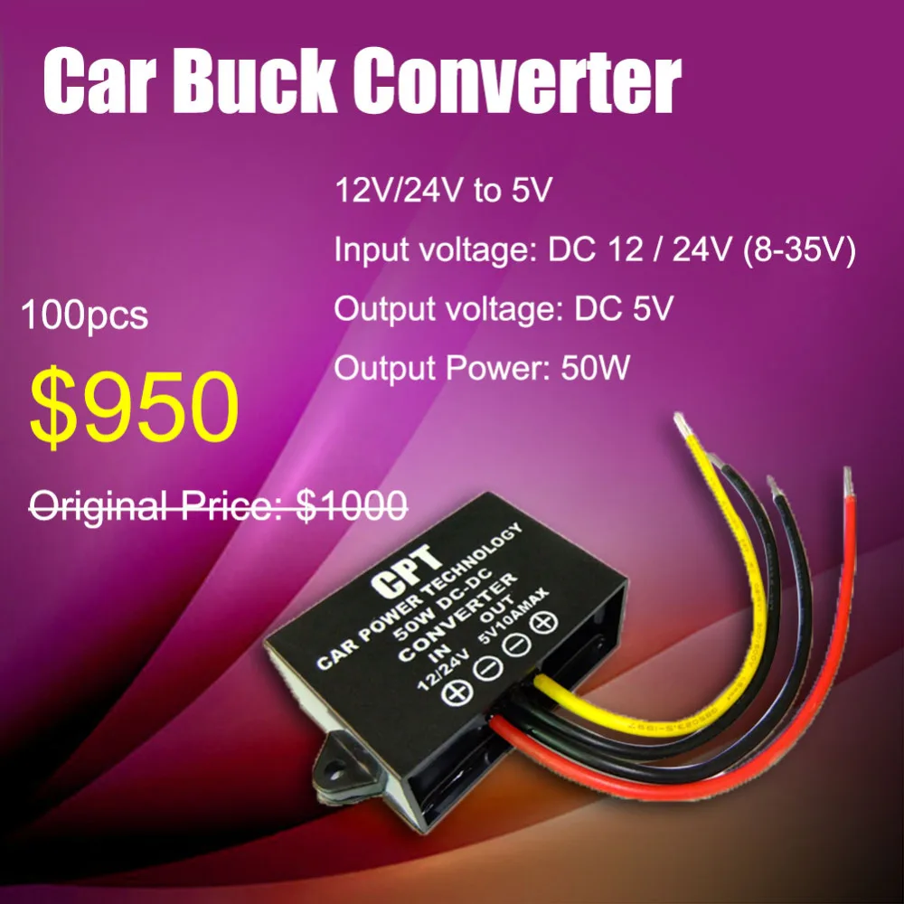 100 PCS/LOT Step Down Converter 12V/24V to 5V 10A 50W LED Waterproof
