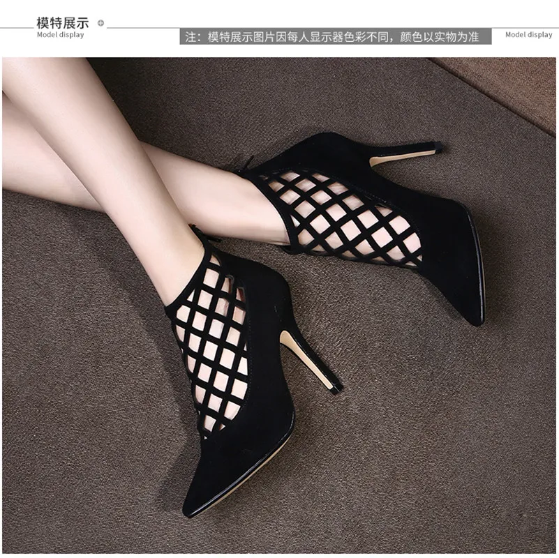 2017 Summer Style Pointed Toe Breathable Boots Shoes Women High Heels Sandals Woman Cut Out Thin Heels Black Lady Botines Mujer