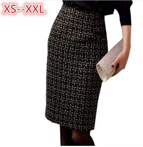 

2017 Autumn Winter Ladies Tweed Skirt Black Slim Women Sexy Bodycon Wool Pencil Skirt Office Lady Work Skirts High Quality