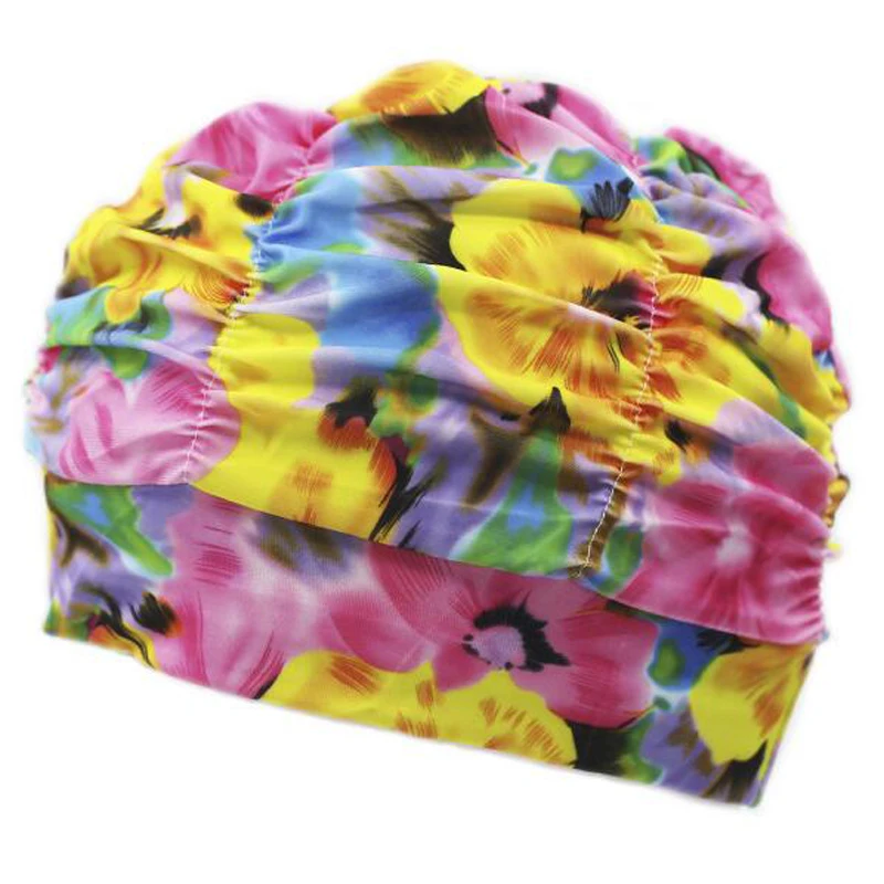 Новые женские тканевые плавающие шапки для защиты длинных волос с ушками, плиссированные цветочные принты, шапочки для бассейна, шапка размера плюс для женщин и мужчин, одежда для плавания - Цвет: Pleated Flower 5