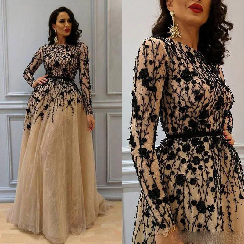 

2018 Gorgeous Beading Prom Gowns with Long Sleeves Lace Arabic Formal Dress Champagne Elegant Women Dress Evening Gown Plus Size