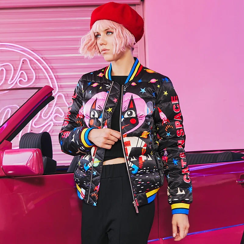 

Women Winter New Black Parka Lady Fashion Cartoon Letter Cat Print Short Down Jacket Stand Casual Loose Long Sleeve Jacket Z910