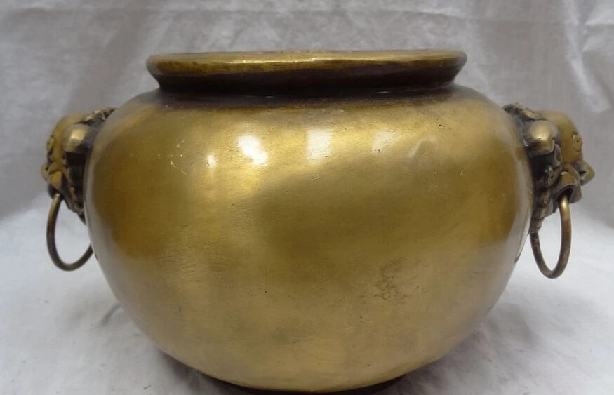 

song voge gem S5555 11" Chinese Bronze Buddhism FengShui Lion Head Statue Bowl Incense Burner Censer