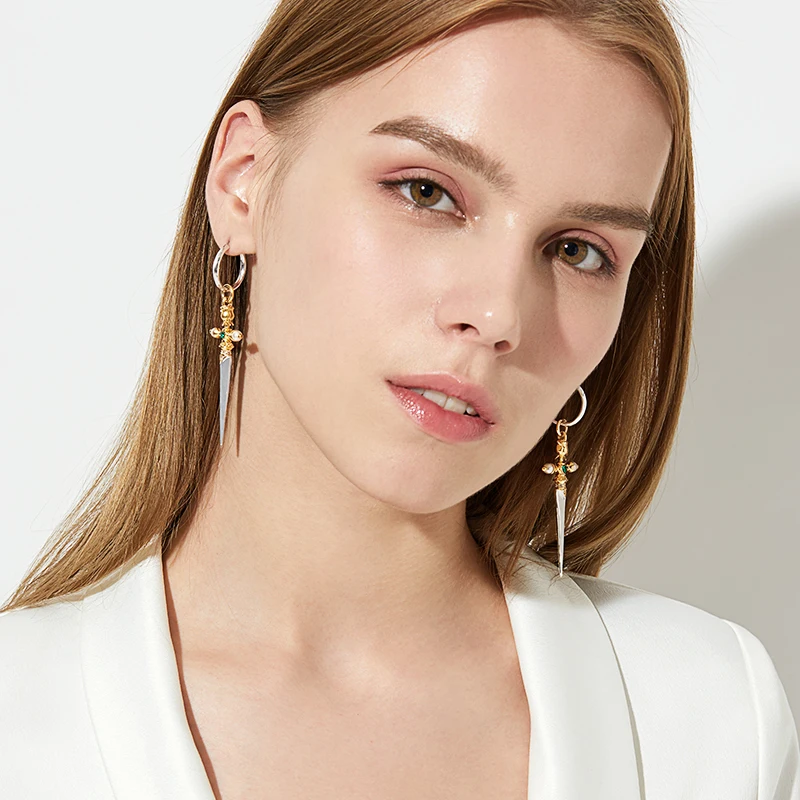 

Trendy Rose crystal and pearl sword earrings for women cross earrings embossed pattern