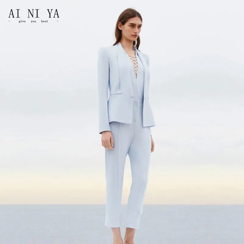 

Jacket+Pants Womens Business Suit Light Sky Blue Female Office Uniform Ladies Formal Trouser 2 Piece Suits Evening Womens Tuxedo
