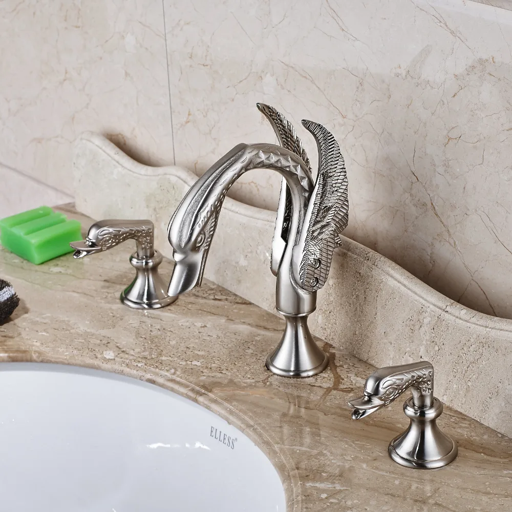

Widespread 3 PCS Nickel Brushed Bathroom Swan Faucet Double Handles Vanity Sink Mixer Tap