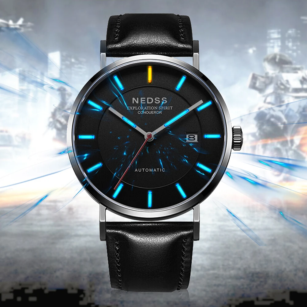 

Automatic Mens Watch Fashion Brand Miyota 9015 Mechanical Watches leather Wristwatch tritium Luminous Hands light for 25 years