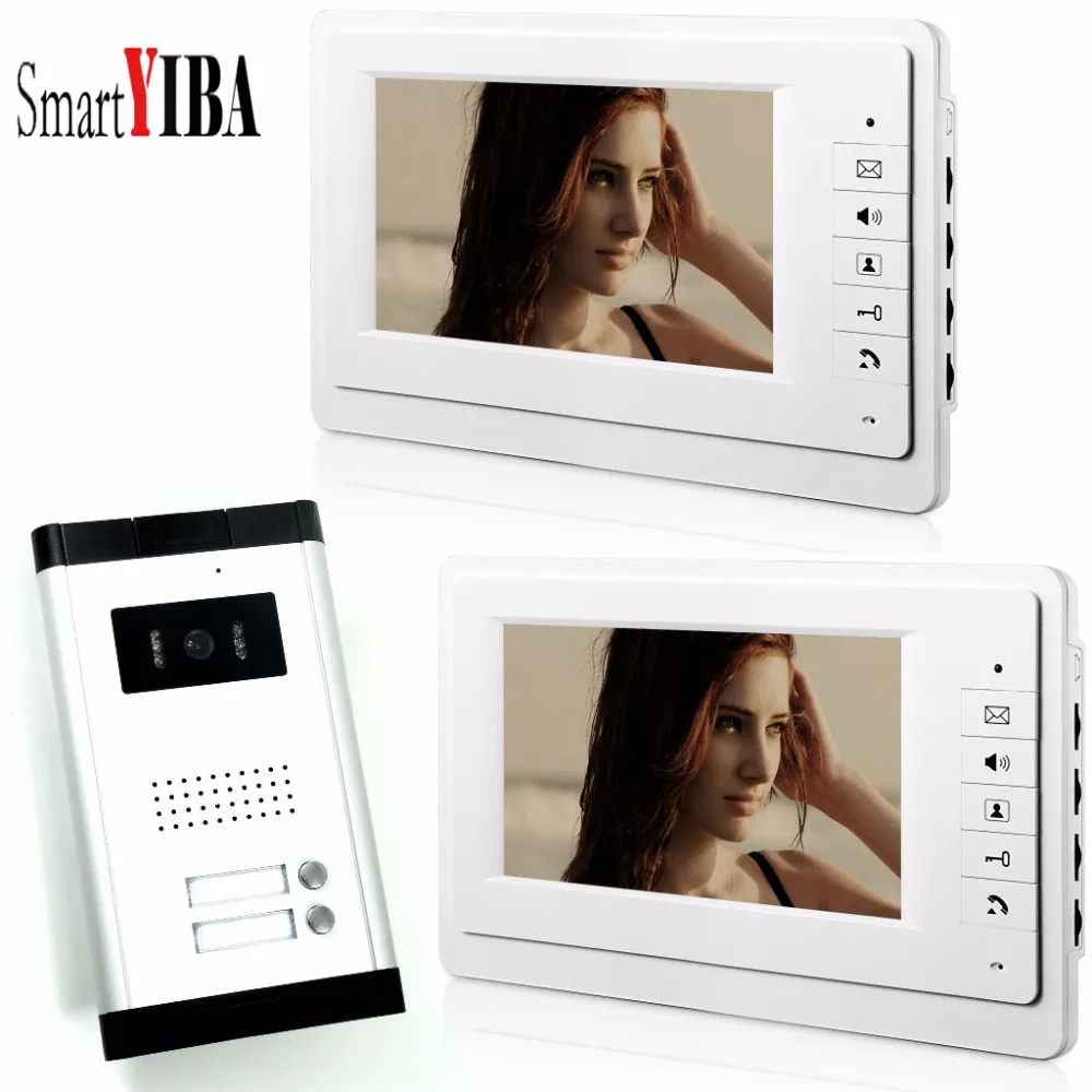 SmartYIBA 7'' color video door phone 2 monitors with 1 intercom doorbell can control 2 houses for multi apartment Free shipping