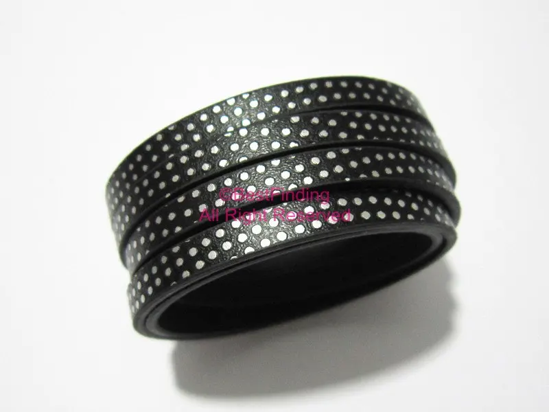 

5x2mm Silver spot black leather cord 5mm flat leather cord