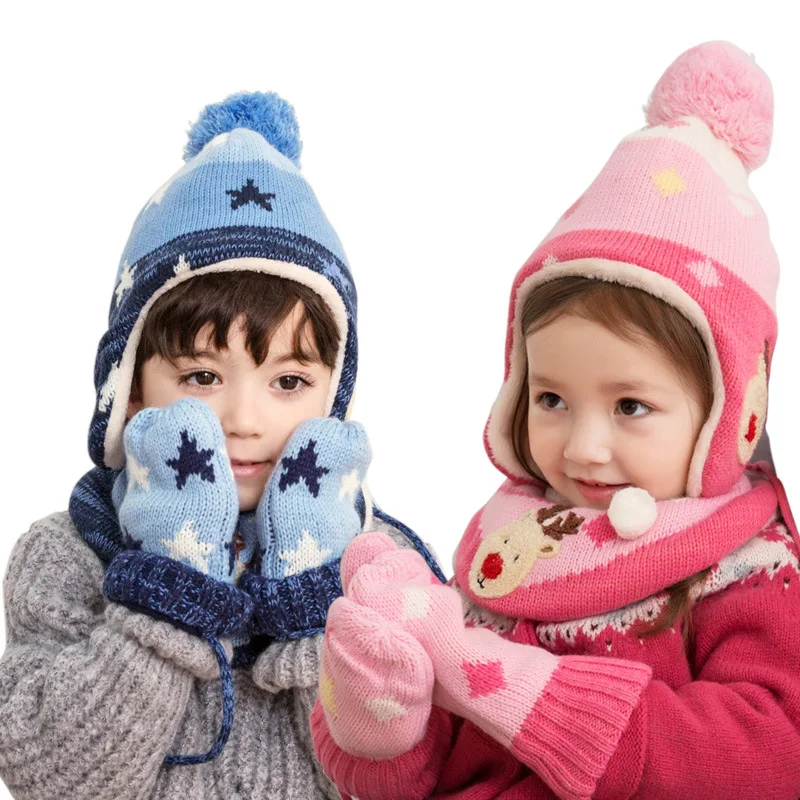 New Winter Children Warm Thick Hat Scarf Glove 3pcs Set deer Knitted