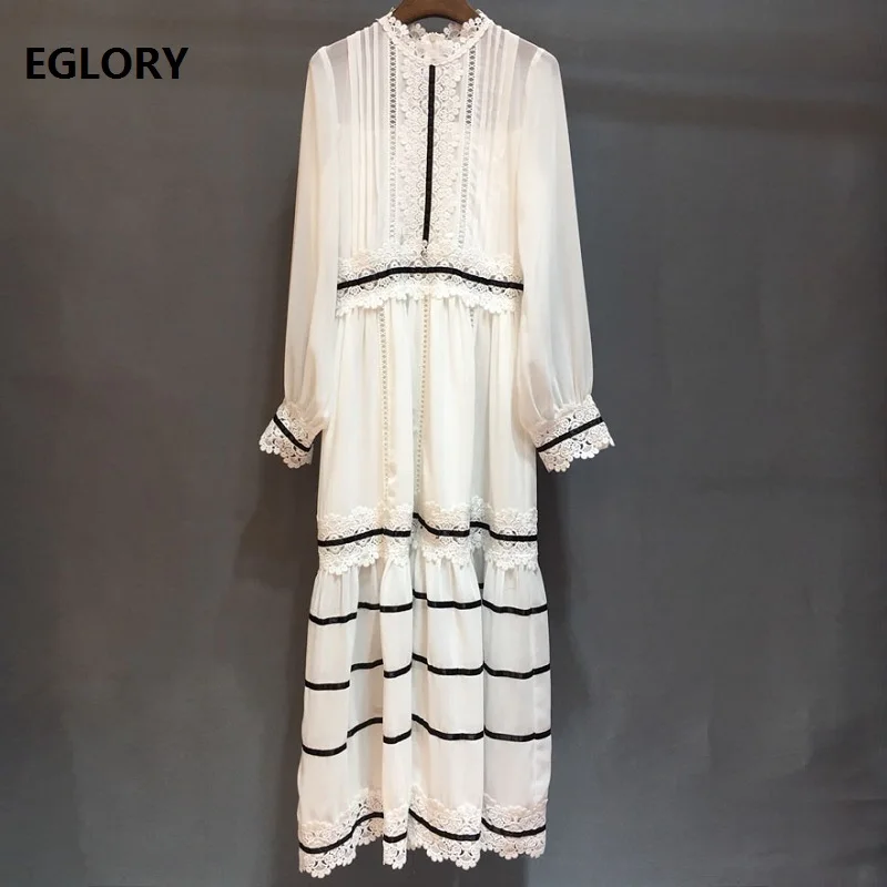

2019 Autumn Fashion Party Long Dress Women Appliques Lace Embroidery Patchwork Long Sleeve Maxi Dress White Blue Vestidos Longo