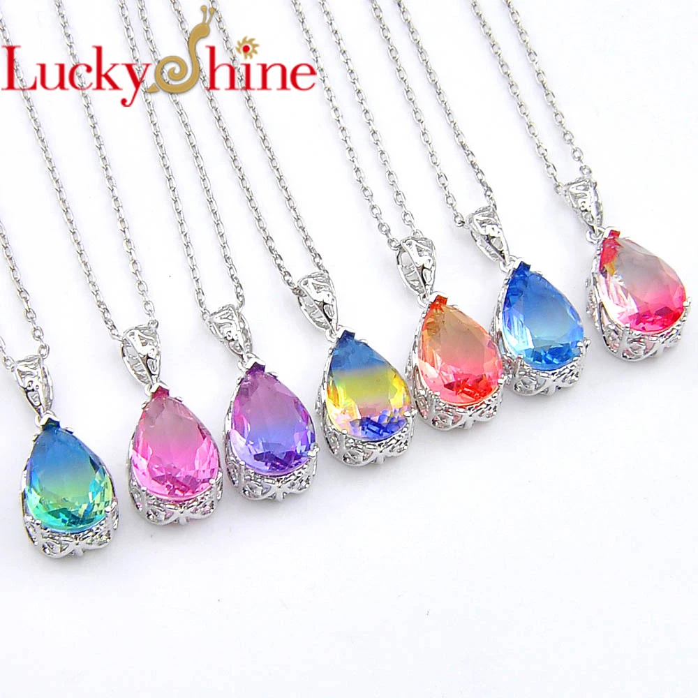

Luckyshine Rainbow 7 PCS /Lot watermelon tourmaline Water Drop Women Necklace Crystal Pendant Zircon 925 Silver Fashion Pendant