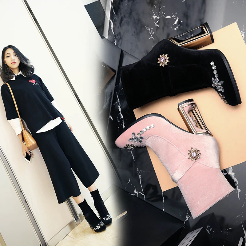 

Pink high heel rhinestone women's boots velvet side zipper boots bare boots pointed catwalk fashion bird cage with women's boots